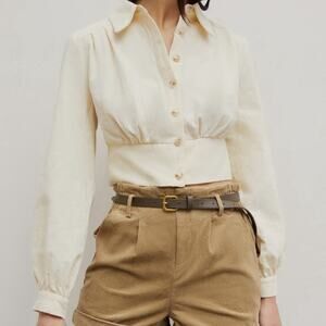 NWT Cider Woven Collar Ruched Crop Blouse Cream Womens Large Cotton Western Boho